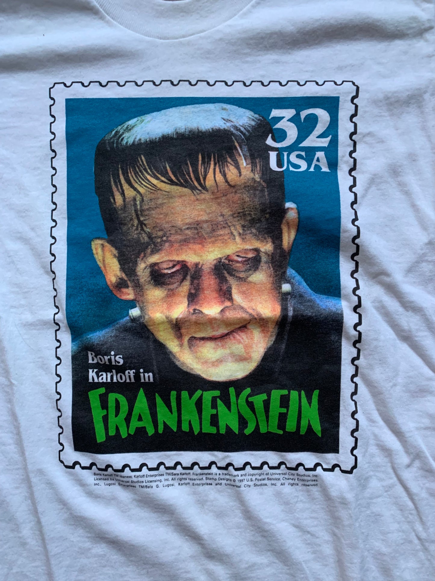 Vintage 90s Boris Karloff Frankenstein USA Monster Stamp T Shirt