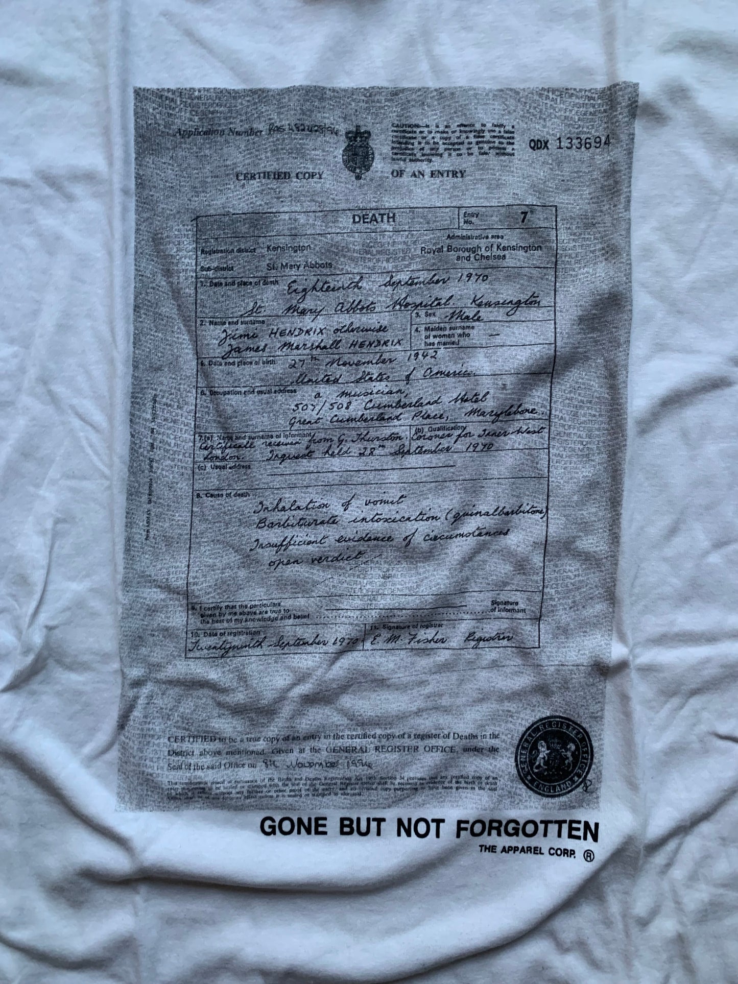 Vintage Rare 90s Jimi Hendrix "Death Certificate" T Shirt